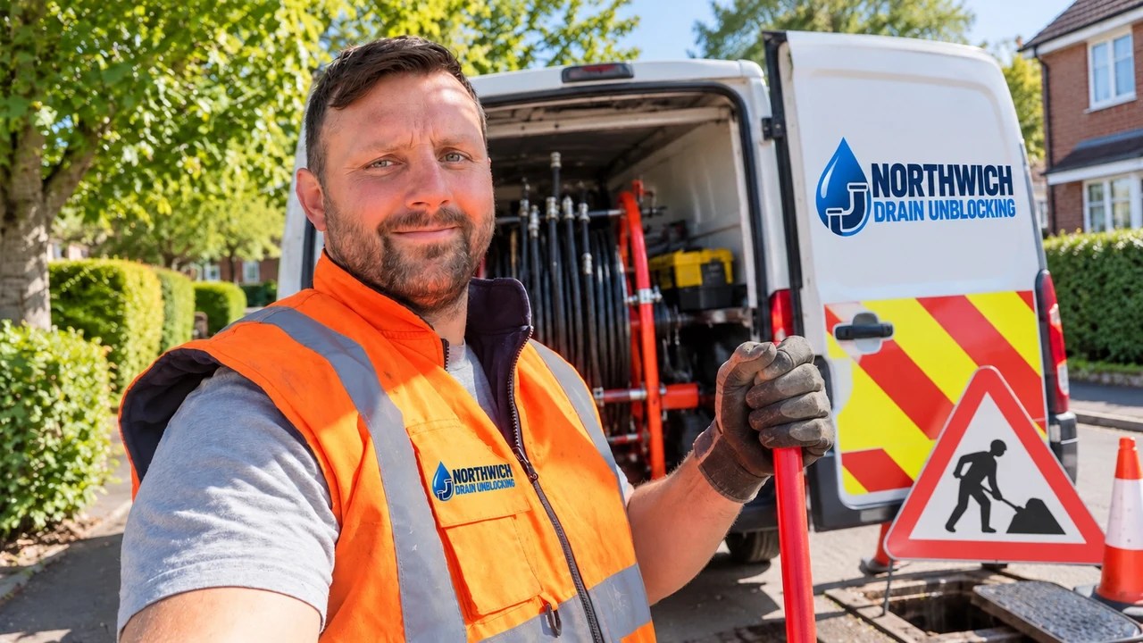 Northwich Drain Unblocking promotional portrait with branded van and drainage equipment